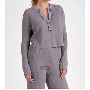 Elan Women's Waffle Knit Henley Loungewear Set in Gray